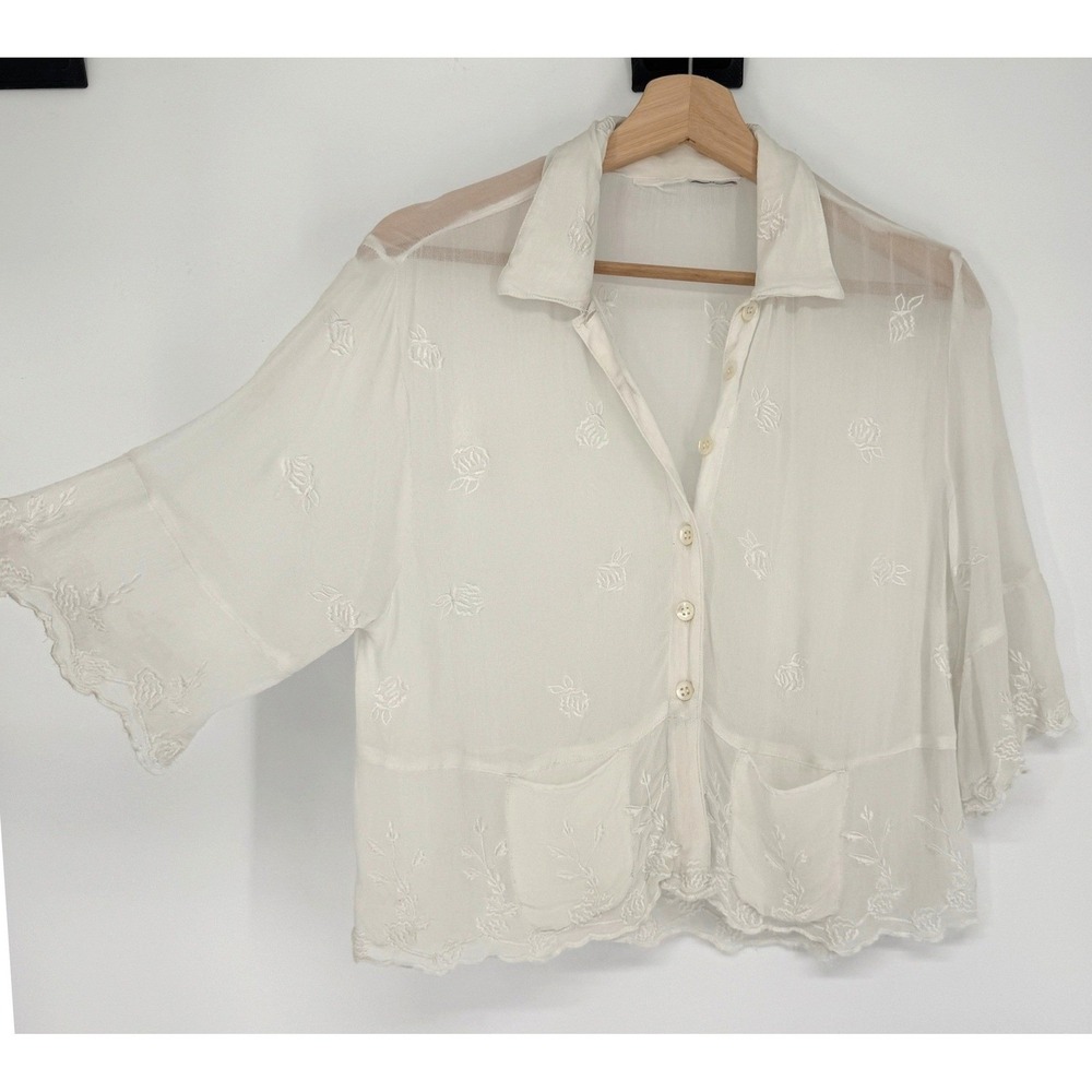 Sheer Floral Embroidered Top XS Ivory Cottagecore Coquette Boho Dainty Layering - Picture 2 of 12